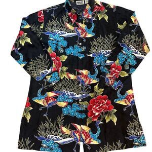 VNTG Chico's Design Black Multicolored Silk Bird Print Long Sleeve Blouse- 2(L)